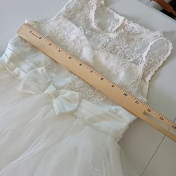 Tahari Girl Tea Length Flower Girl Dress 6X White Embroidered Lace Tulle Wedding - Picture 8 of 14